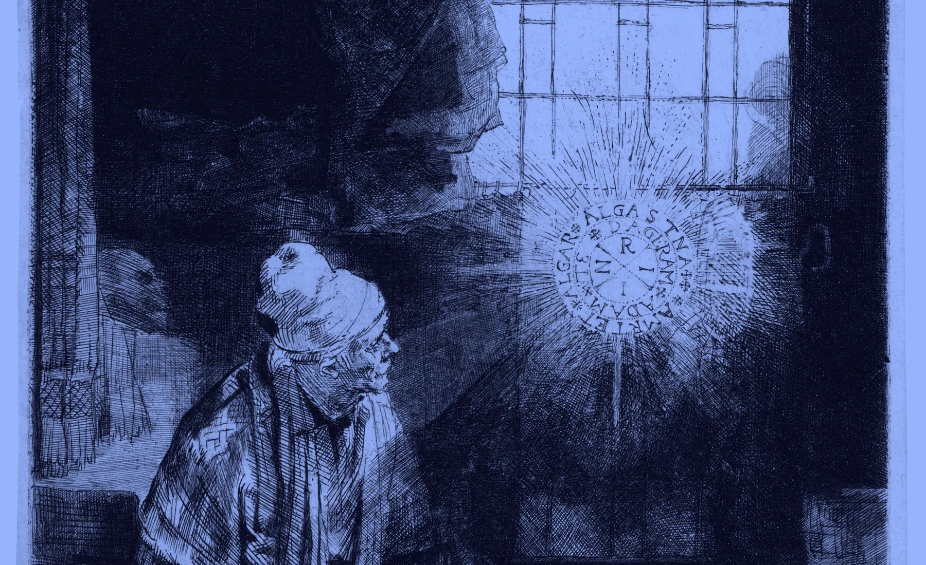 Grabado de Rembrandt, el estudioso Fausto ante un disco radiante que aparece en la ventana
