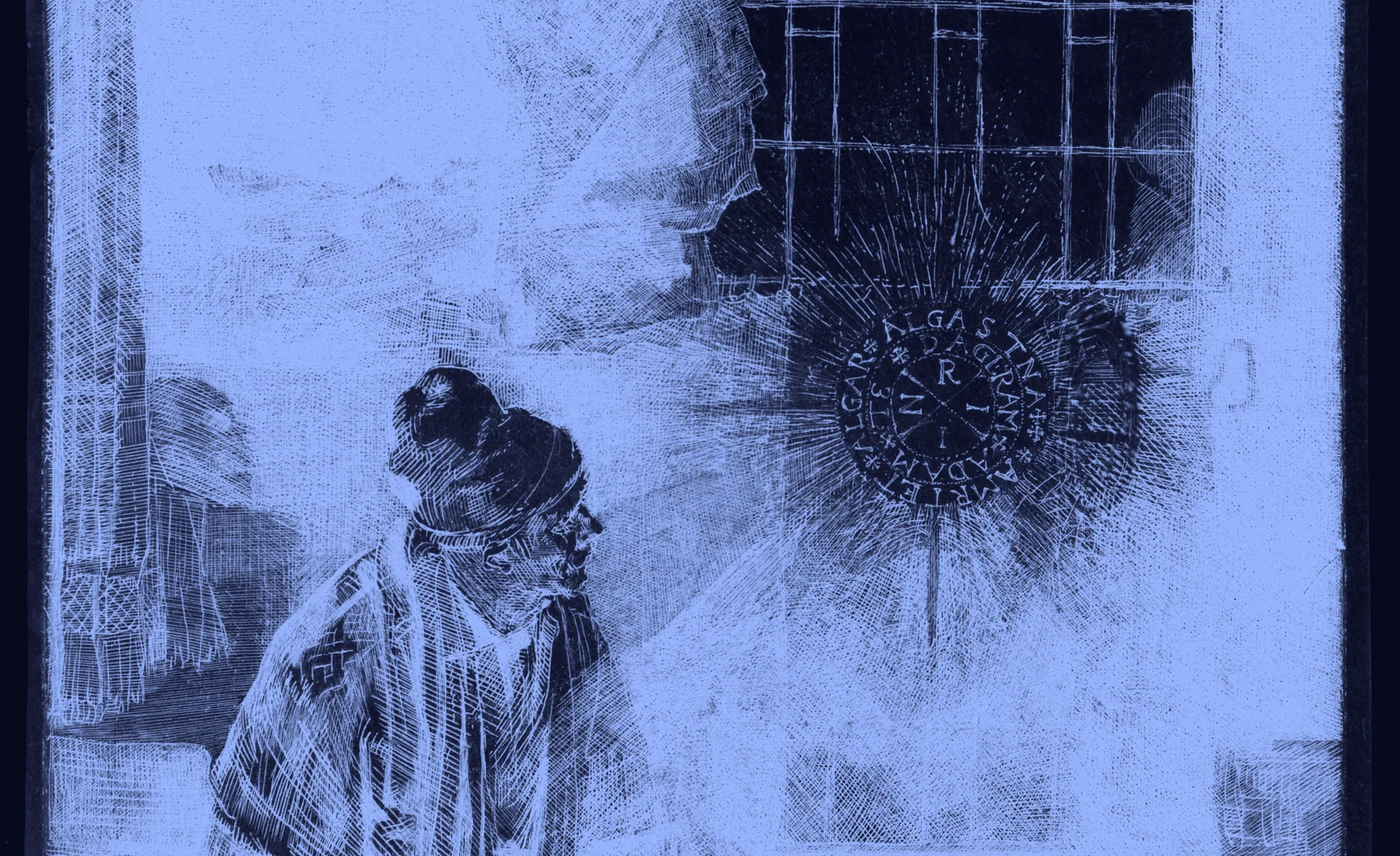Detalle del grabado de Fausto: un disco radiante, el falso oráculo